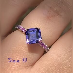 Stunning Asscher cut solitaire ring, Purple & Pink, Sz.8